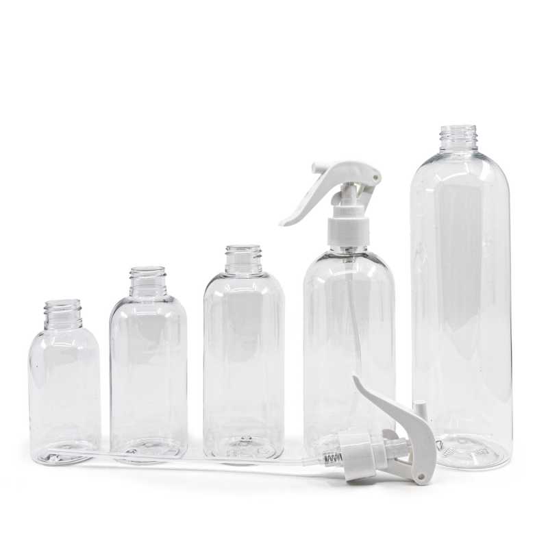 Bouteille arrondie en plastique transparent, vaporisateur à gâchette blanc, 200 ml