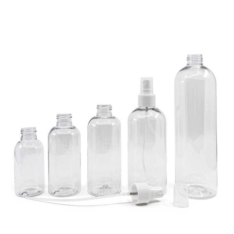 Bouteille arrondie en plastique transparent, spray fin blanc, 300 ml