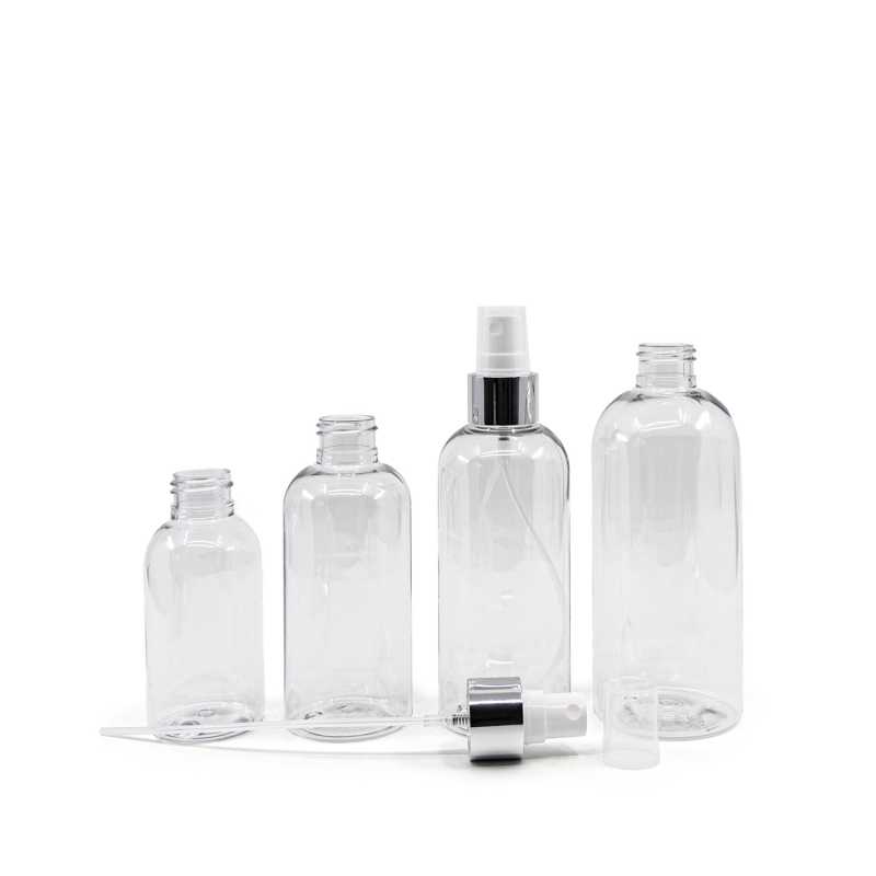 Bouteille arrondie en plastique transparent, spray blanc avec col argenté brillant, 300 ml