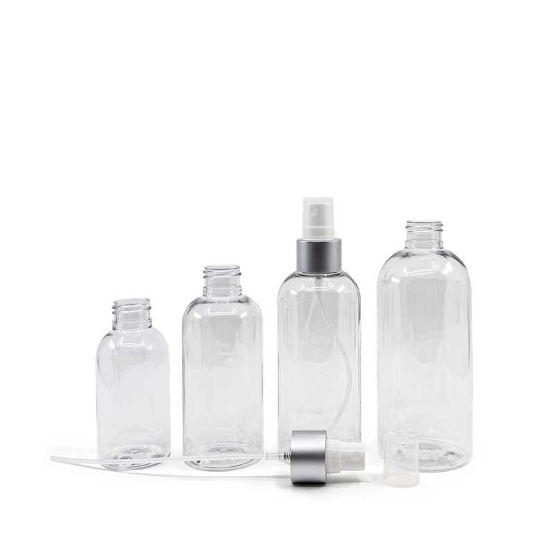 Bouteille arrondie en plastique transparent, spray blanc avec col argenté mat, 200 ml
