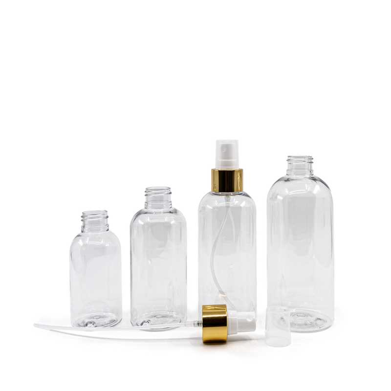 Bouteille arrondie en plastique transparent, spray blanc avec collier doré brillant, 150 ml
