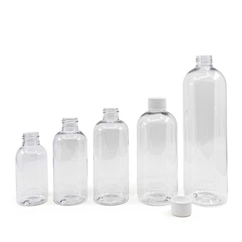 Bouteille arrondie en plastique transparent, bouchon en plastique blanc, 300 ml
