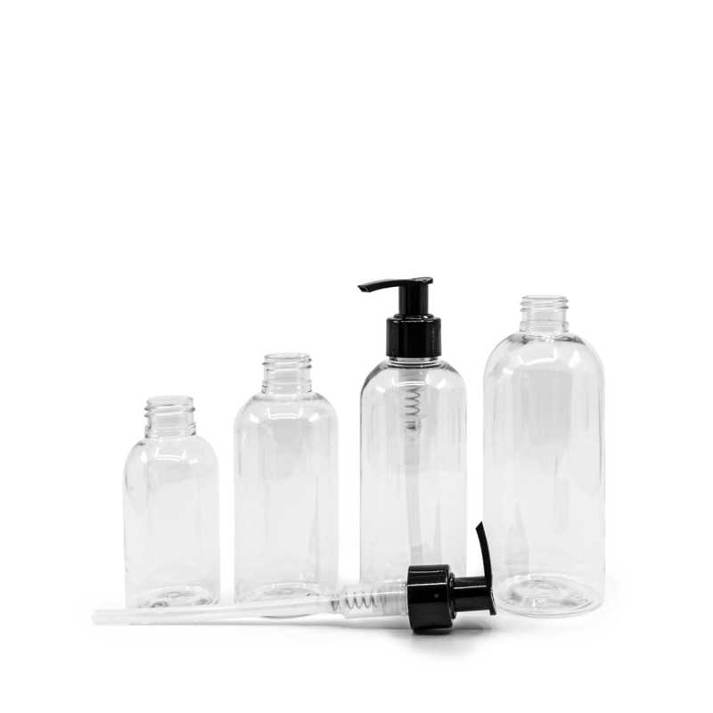 Bouteille arrondie en plastique transparent, pompe noire, 200 ml