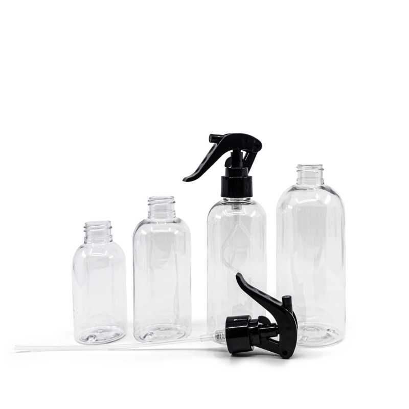 Bouteille arrondie en plastique transparent, vaporisateur à gâchette noir, 100 ml