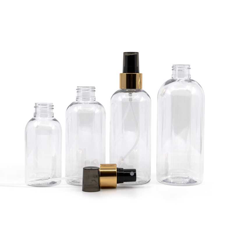 Bouteille arrondie en plastique transparent, spray noir avec collier doré brillant, 300 ml