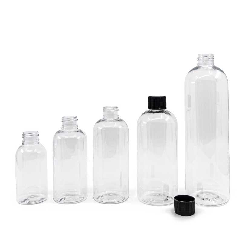 Bouteille arrondie en plastique transparent, bouchon en plastique strié noir, 150 ml