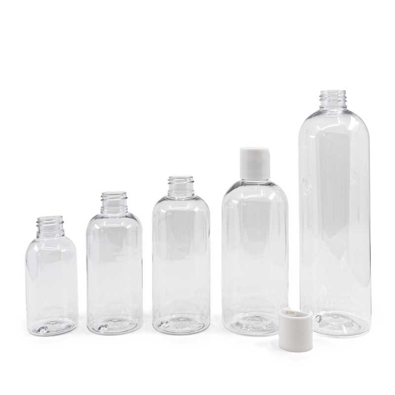Bouteille arrondie en plastique transparent, bouchon à disque blanc, 150 ml