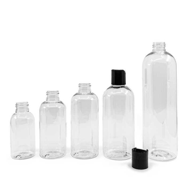 Bouteille arrondie en plastique transparent, bouchon à disque noir, 150 ml