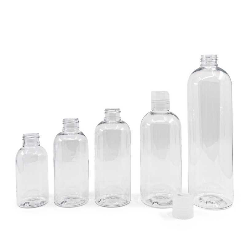 Bouteille arrondie en plastique transparent, bouchon transparent, 200 ml