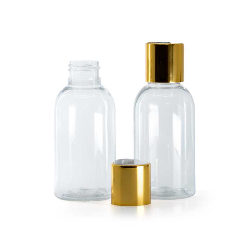 Bouteille arrondie en plastique transparent, bouchon en plastique blanc avec col en aluminium doré, 