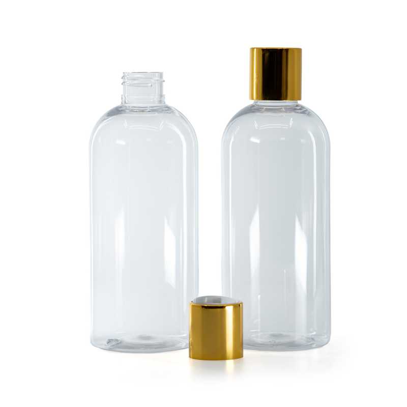 Bouteille arrondie en plastique transparent, bouchon en plastique blanc avec col en aluminium doré, 