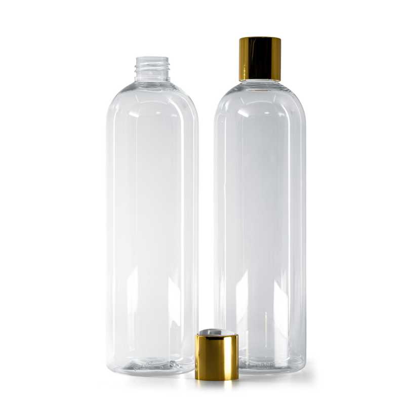 Bouteille arrondie en plastique transparent, bouchon en plastique blanc avec col en aluminium doré, 