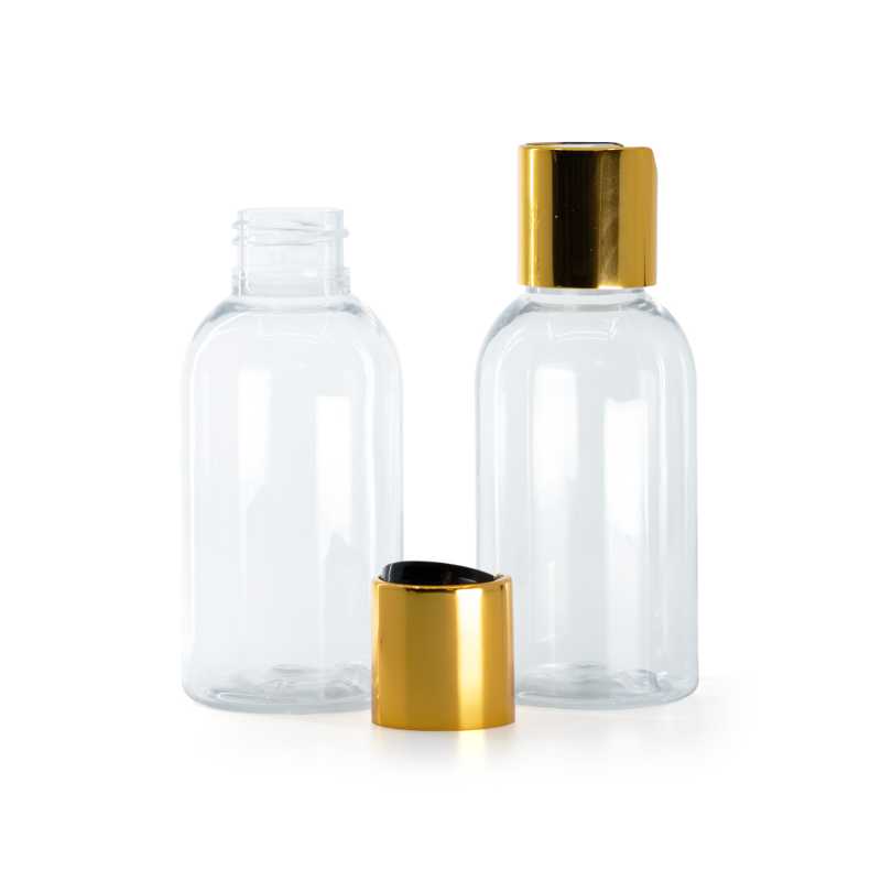 Bouteille arrondie en plastique transparent, bouchon en plastique noir avec col en aluminium doré, 1