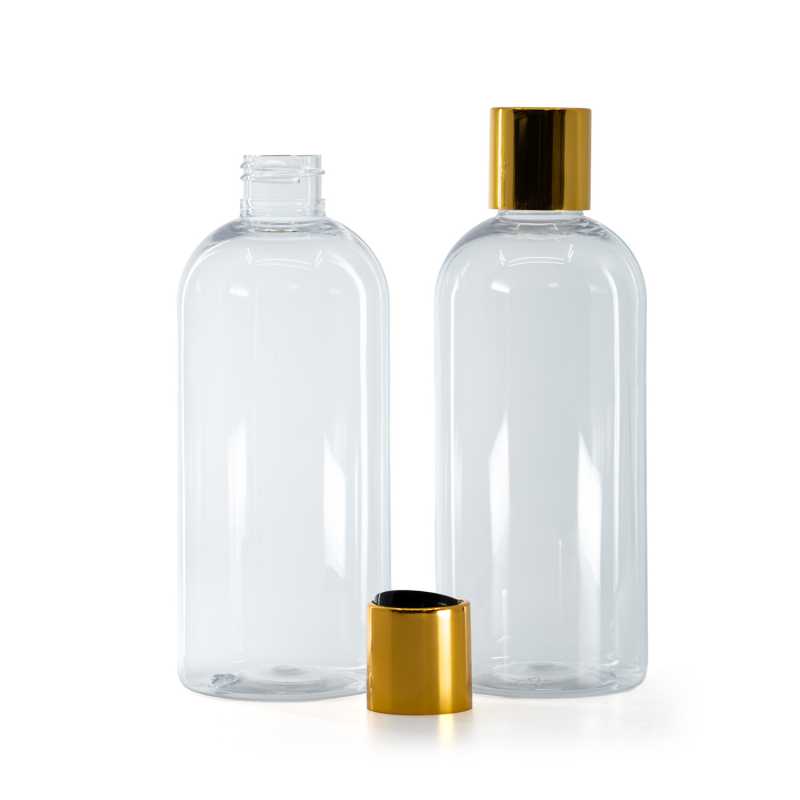 Bouteille arrondie en plastique transparent, bouchon en plastique noir avec col en aluminium doré, 3