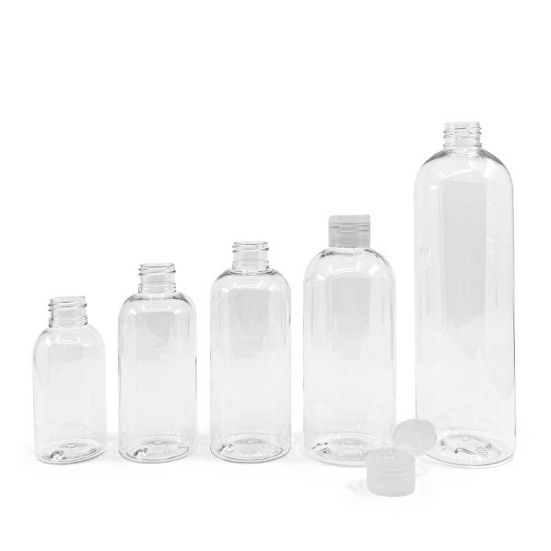 Bouteille arrondie en plastique transparent, bouchon transparent, 300 ml