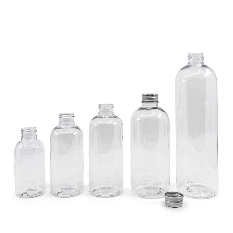 Bouteille arrondie en plastique transparent, bouchon en aluminium argenté, 150 ml
