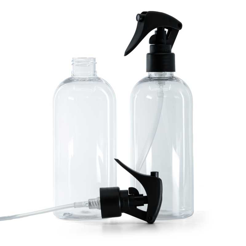 Bouteille arrondie en plastique transparent, mini-vaporisateur à gâchette, noir mat, col lisse, 300 