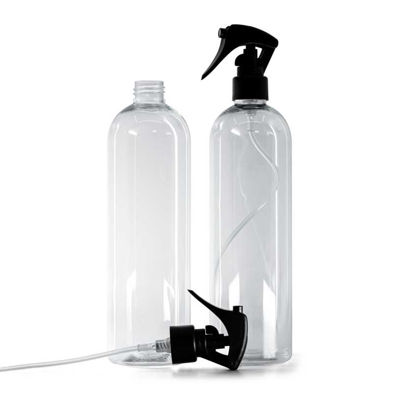 Bouteille arrondie en plastique transparent, mini-vaporisateur à gâchette, noir mat, col lisse, 500 