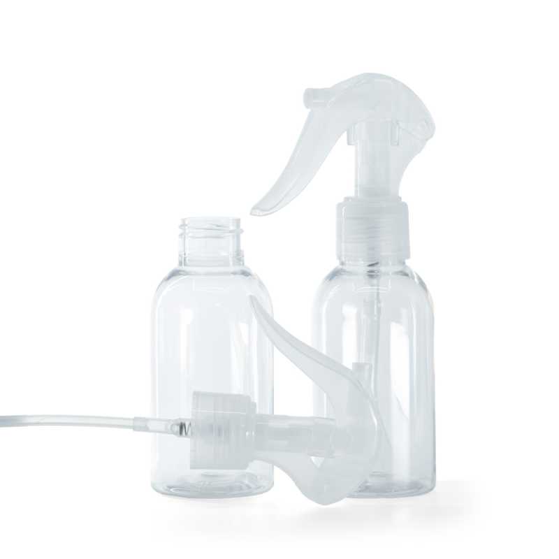 Flacon arrondi en plastique transparent, Mini Trigger Spray, Transparent, 100 ml