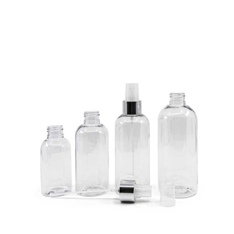 Bouteille arrondie en plastique transparent, vaporisateur transparent avec col argenté brillant, 300