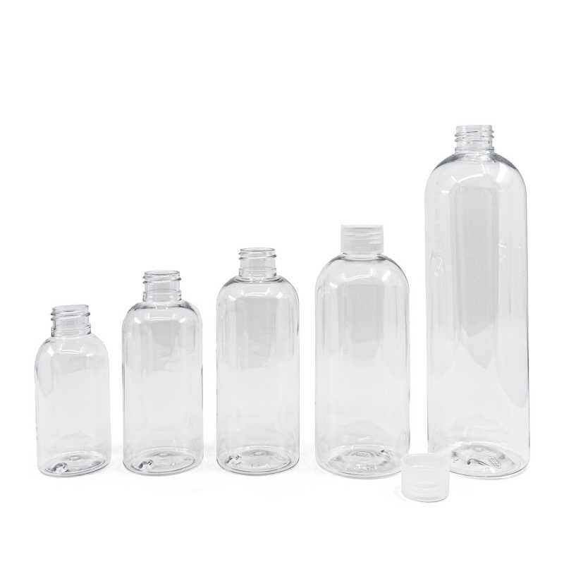 Bouteille arrondie en plastique transparent, bouchon en plastique transparent, 100 ml
