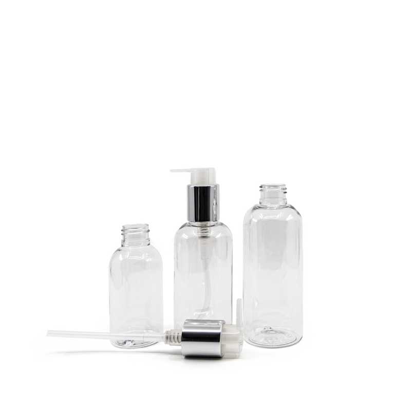 Bouteille arrondie en plastique transparent, pompe argentée, 150 ml