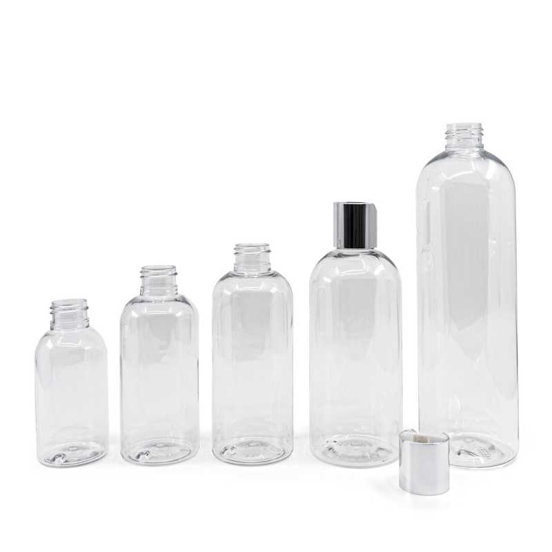 Bouteille arrondie en plastique transparent, bouchon à disque argenté, 200 ml