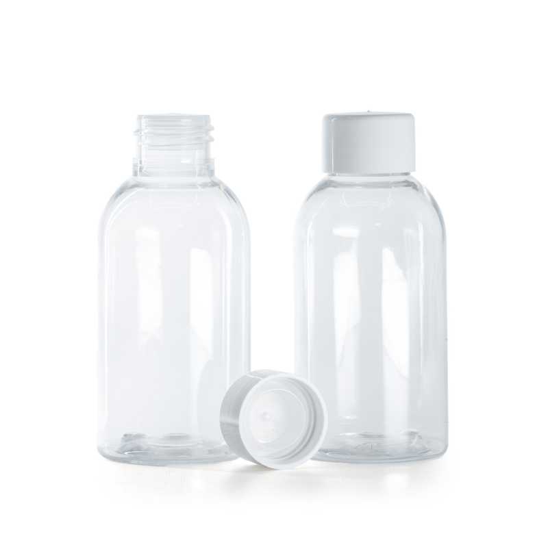 Flacon en plastique transparent rond, bouchon blanc lisse avec réducteur, 100 ml