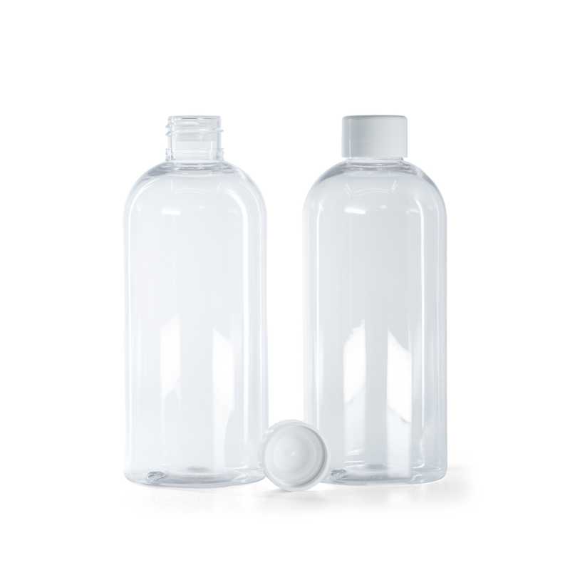 Flacon plastique rond transparent, bouchon lisse blanc avec réducteur, 300 ml