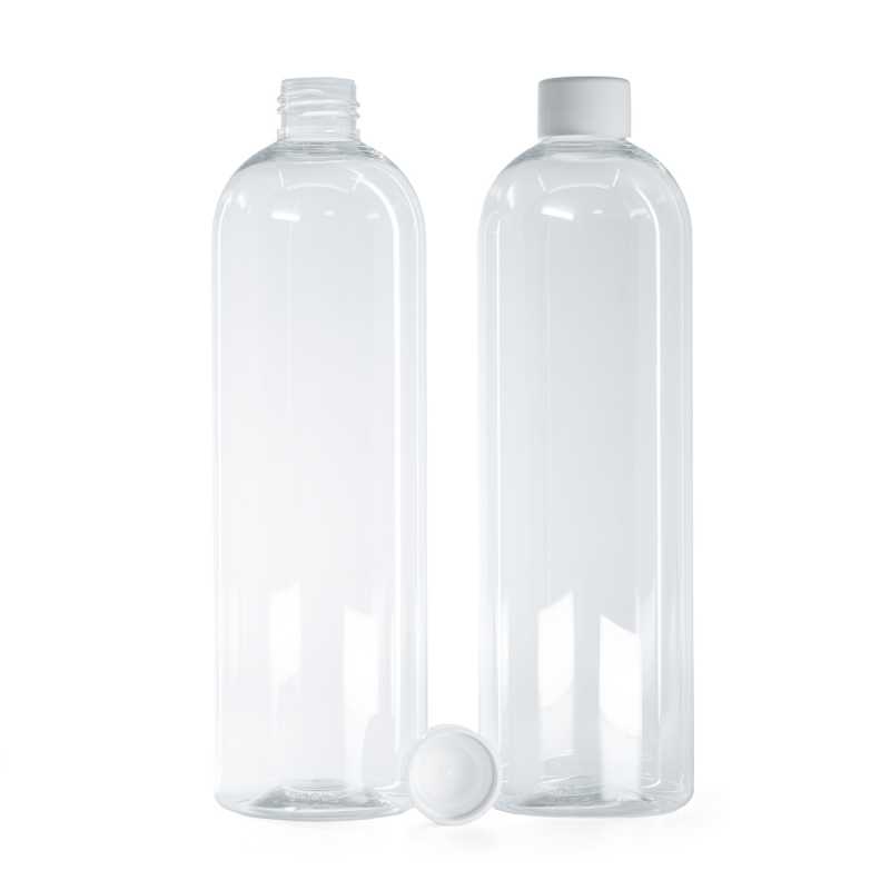 Flacon plastique rond transparent, bouchon blanc lisse avec réducteur, 500 ml