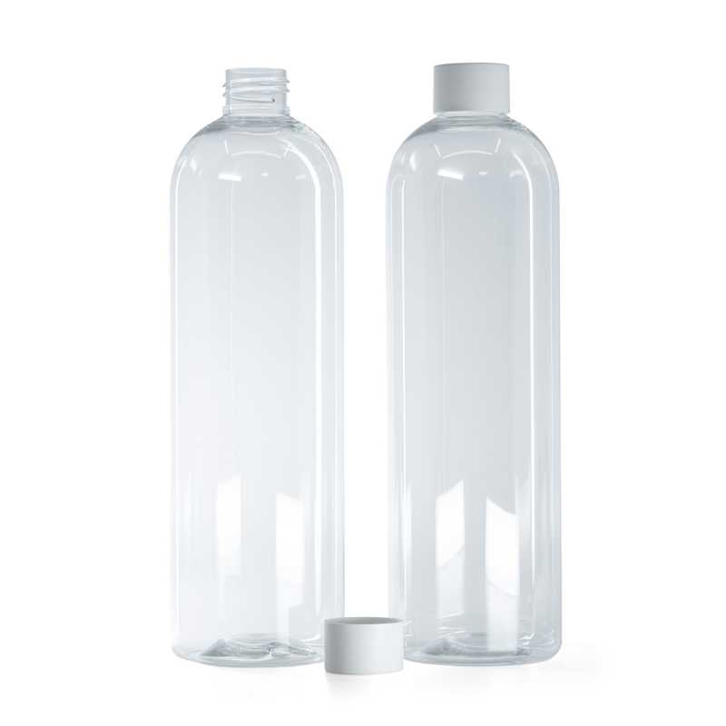 Flacon rond en plastique transparent, capsule blanche mate, 500 ml