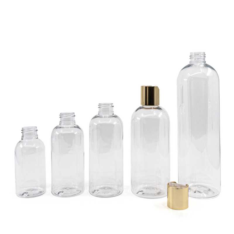 Bouteille arrondie en plastique transparent, bouchon disque doré, 100 ml