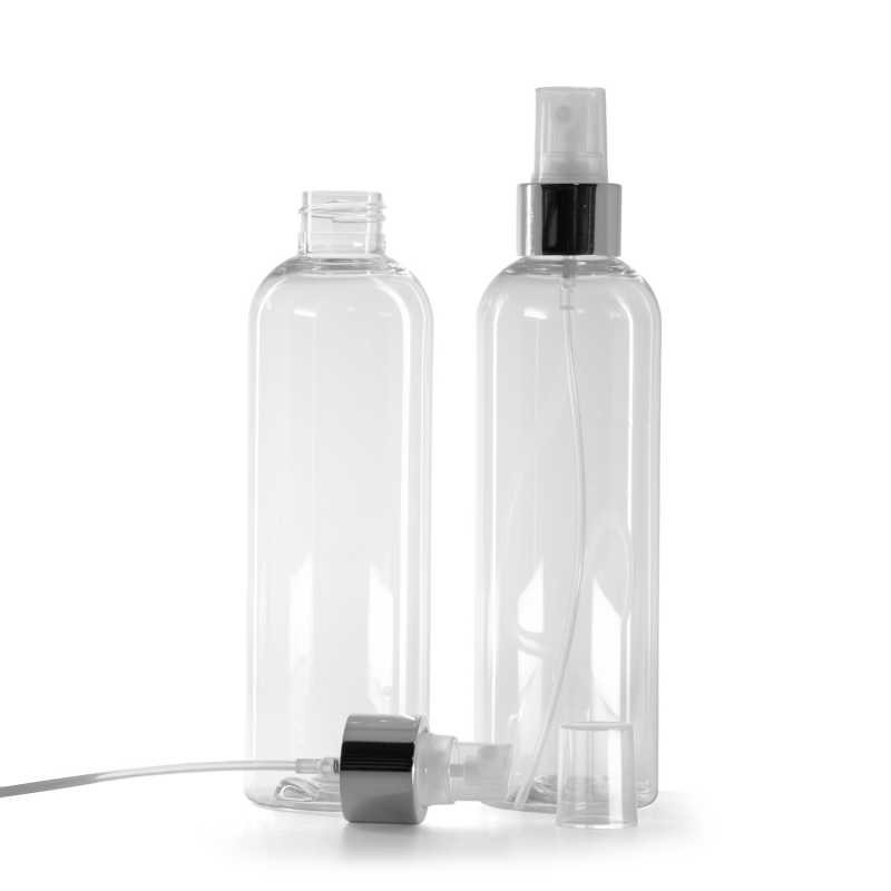 Flacon en plastique transparent avec pompe spray transparente et bague argentée brillante, 250 ml