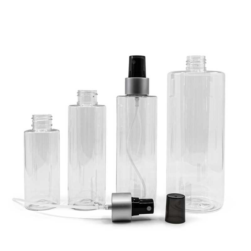 Bouteille en plastique transparent, spray noir, col argenté mat, bouchon fumé, 150 ml
