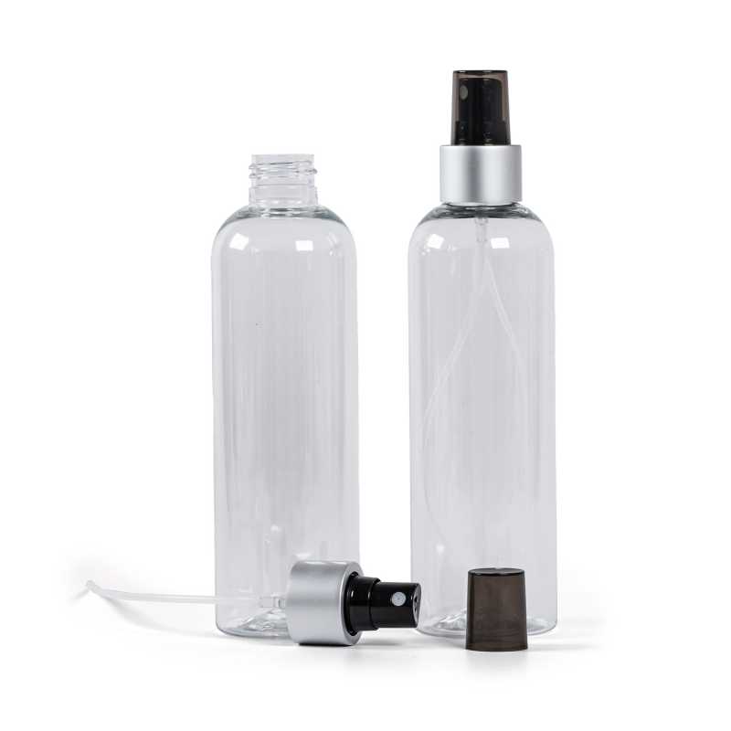 Bouteille en plastique transparent, spray noir, col argenté mat, bouchon fumé, 250 ml