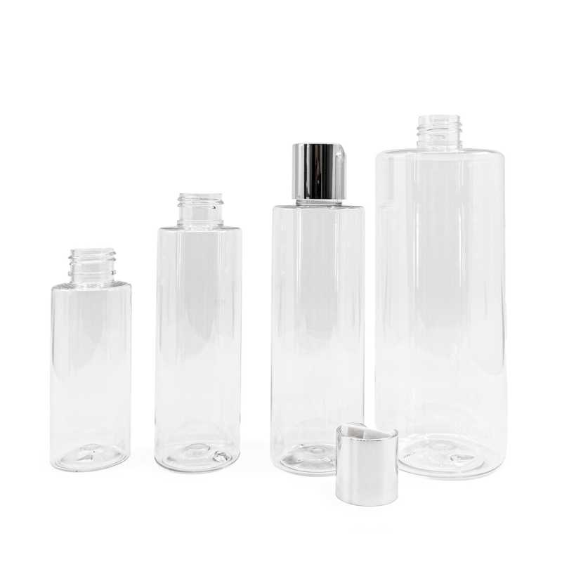 Bouteille en plastique transparent, bouchon argenté, 100 ml