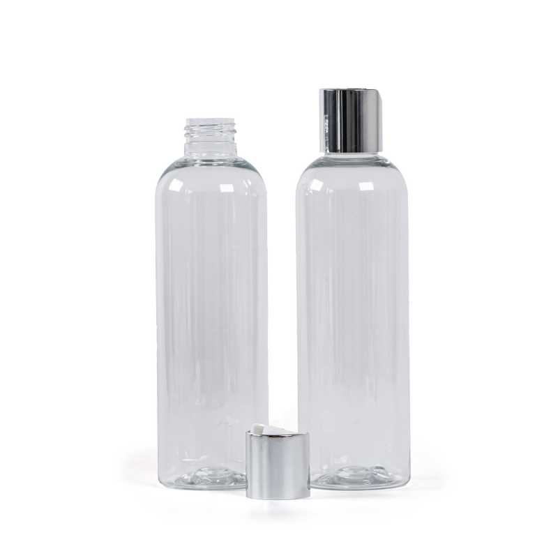 Bouteille en plastique transparent, bouchon argenté, 250 ml