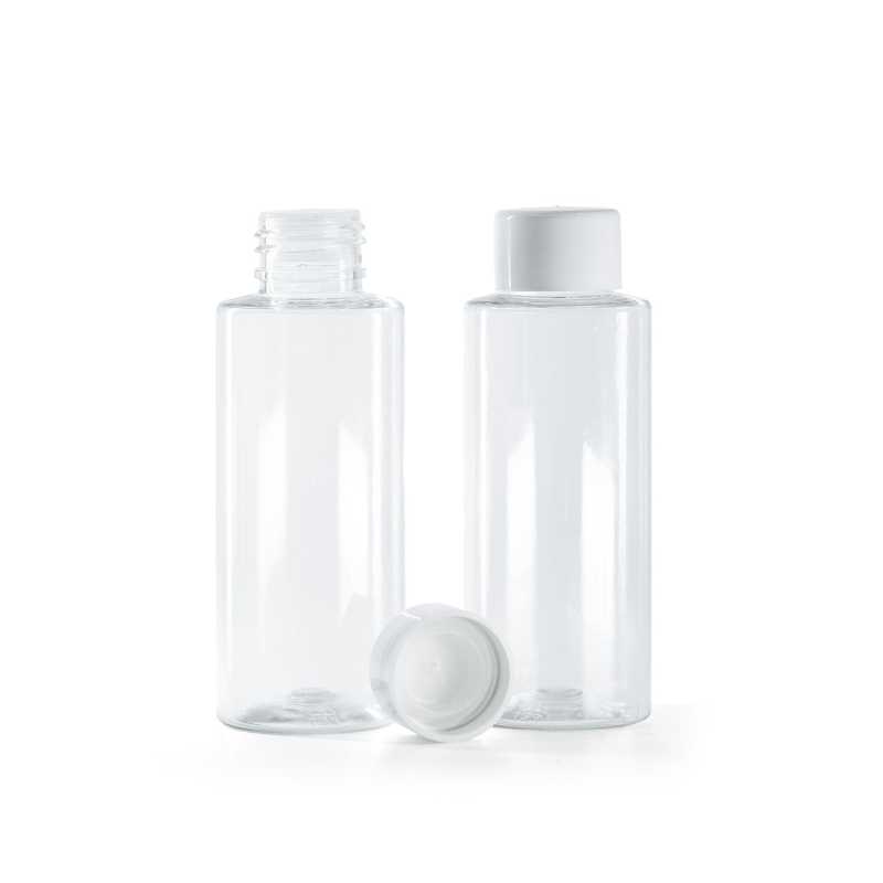 Flacon en plastique transparent, bouchon lisse blanc avec réducteur, 100 ml