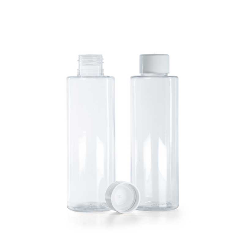 Flacon plastique transparent, bouchon lisse blanc avec réducteur, 150 ml