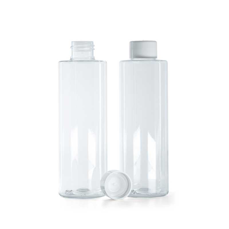 Flacon en plastique transparent avec bouchon blanc lisse et réducteur, 200 ml