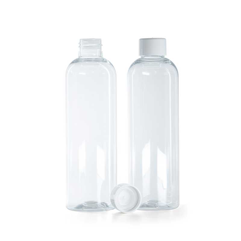 Flacon en plastique transparent, bouchon lisse blanc avec réducteur, 250 ml