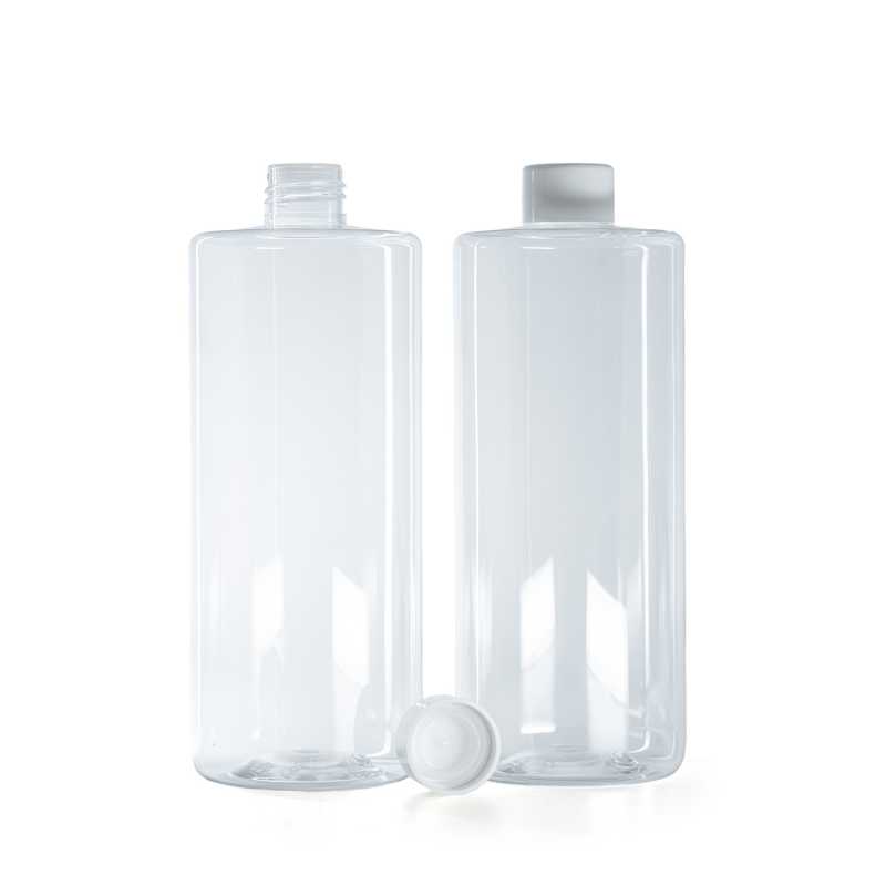Flacon en plastique transparent, bouchon lisse blanc avec réducteur, 500 ml