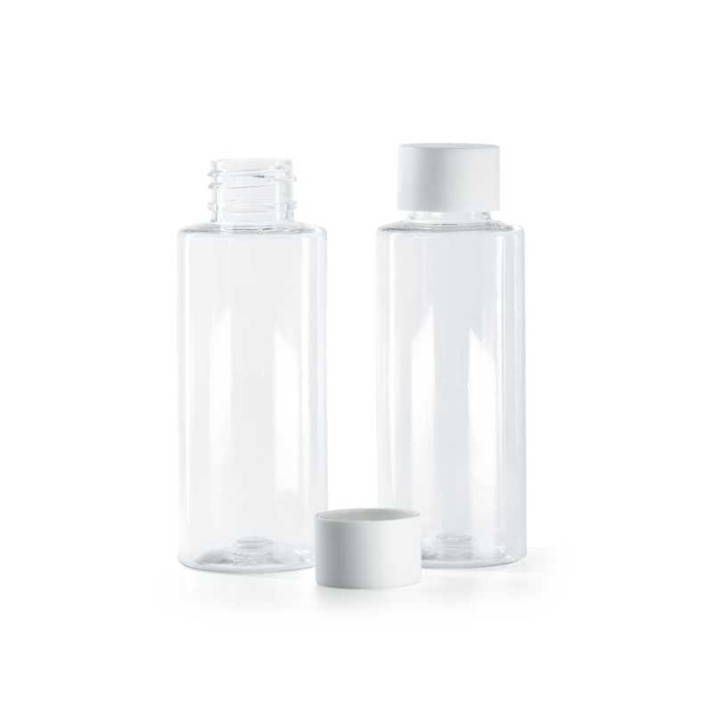 Flacon en plastique transparent, bouchon blanc mat, 100 ml
