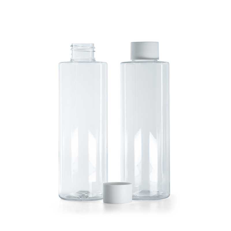 Flacon en plastique transparent, bouchon blanc mat, 200 ml