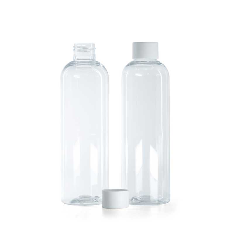 Flacon en plastique transparent, bouchon blanc mat, 250 ml