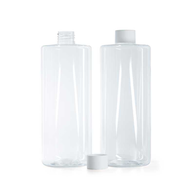 Flacon en plastique transparent, bouchon blanc mat, 500 ml