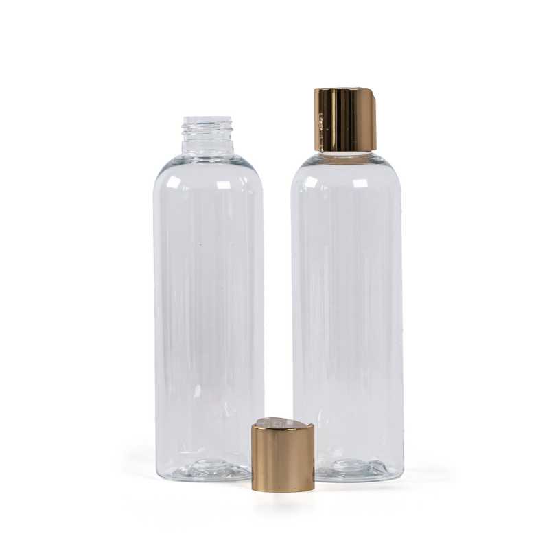 Bouteille en plastique transparent, bouchon à disque doré, 250 ml