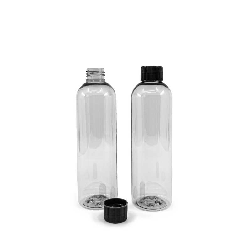 Bouteille en plastique recyclé transparent, bouchon en plastique strié noir, 250 ml