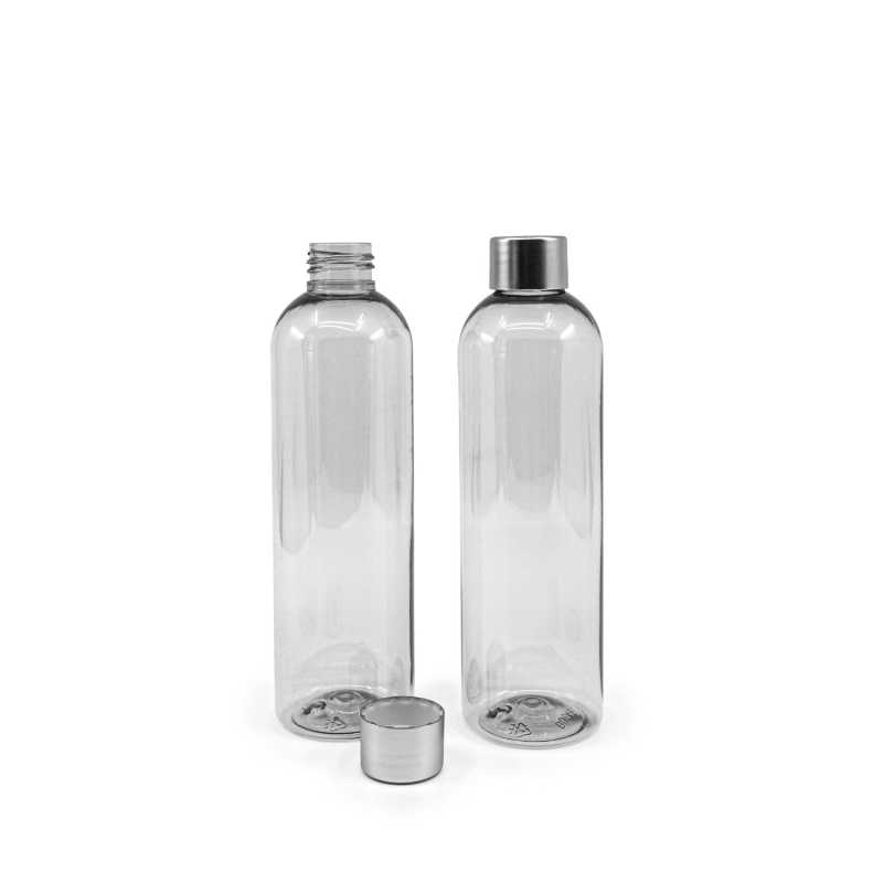 Bouteille en plastique recyclé, bouchon argenté, 250 ml
