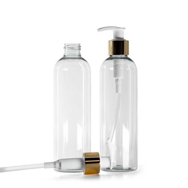 Bouteille en plastique recyclé, pompe à lotion blanche avec col or brillant, 250 ml